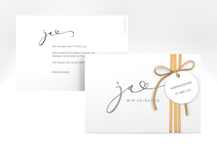 Save the Date-Karte Jawort A6 Karte quer weiss silber modern minimalistisch mit veredelter Aufschrift