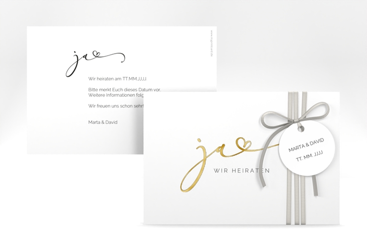 Save the Date-Karte Jawort A6 Karte quer weiss gold modern minimalistisch mit veredelter Aufschrift