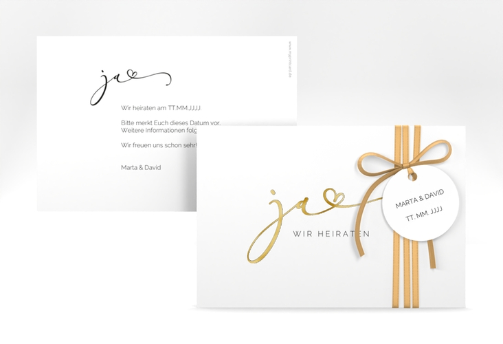 Save the Date-Karte Jawort A6 Karte quer weiss gold modern minimalistisch mit veredelter Aufschrift