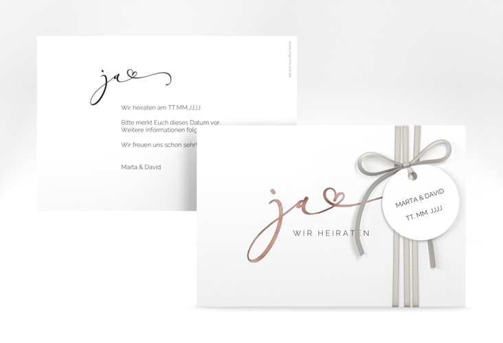 Save the Date-Karte Jawort A6 Karte quer weiss rosegold modern minimalistisch mit veredelter Aufschrift