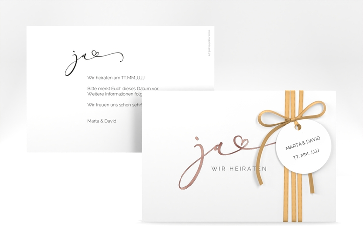Save the Date-Karte Jawort A6 Karte quer weiss rosegold modern minimalistisch mit veredelter Aufschrift