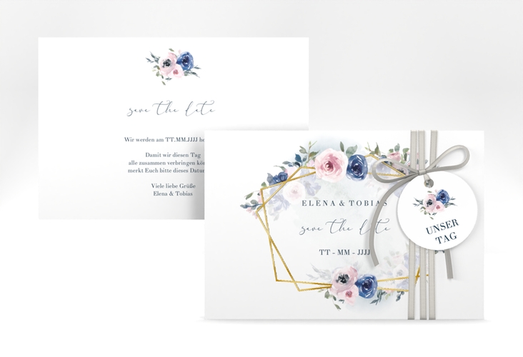 Save the Date-Karte Dustyblue A6 Karte quer weiss gold