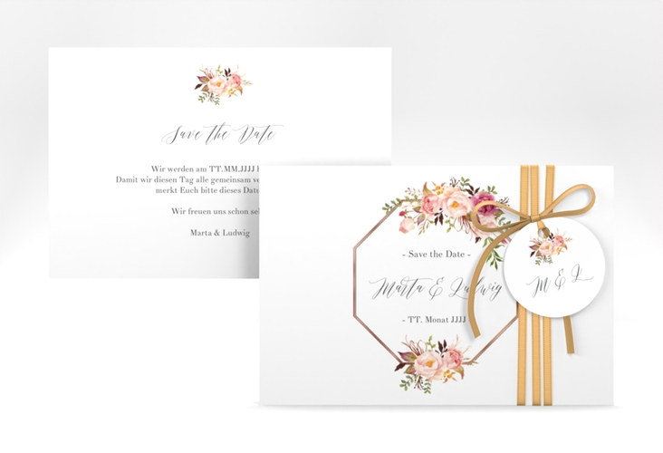 Save the Date-Karte Prachtvoll A6 Karte quer weiss rosegold