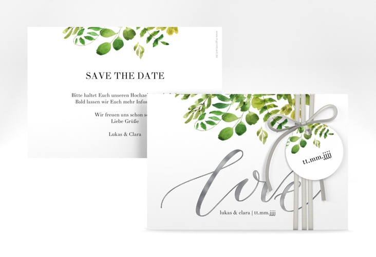 Save the Date-Karte Botany A6 Karte quer weiss silber
