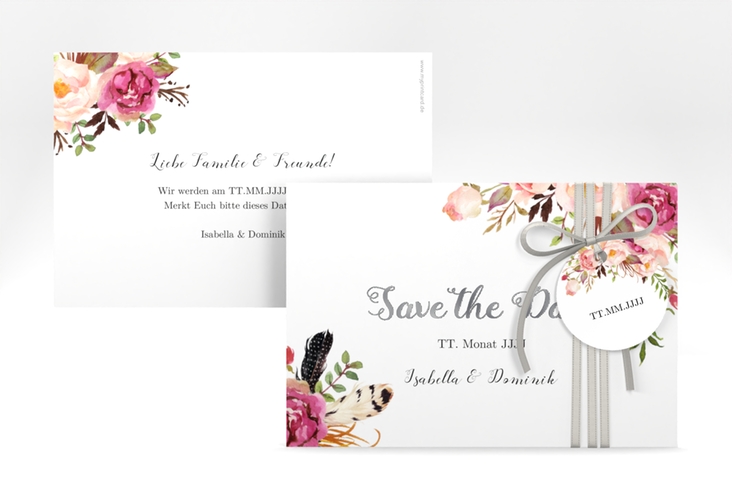 Save the Date-Karte Flowers A6 Karte quer weiss silber mit bunten Aquarell-Blumen