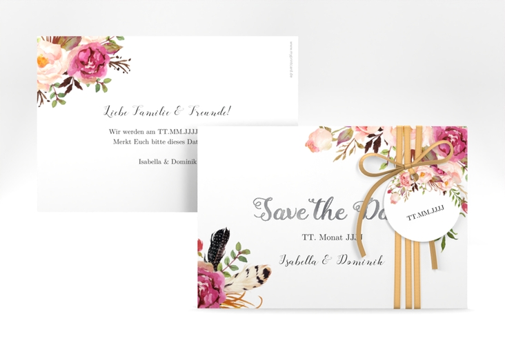 Save the Date-Karte Flowers A6 Karte quer weiss silber mit bunten Aquarell-Blumen