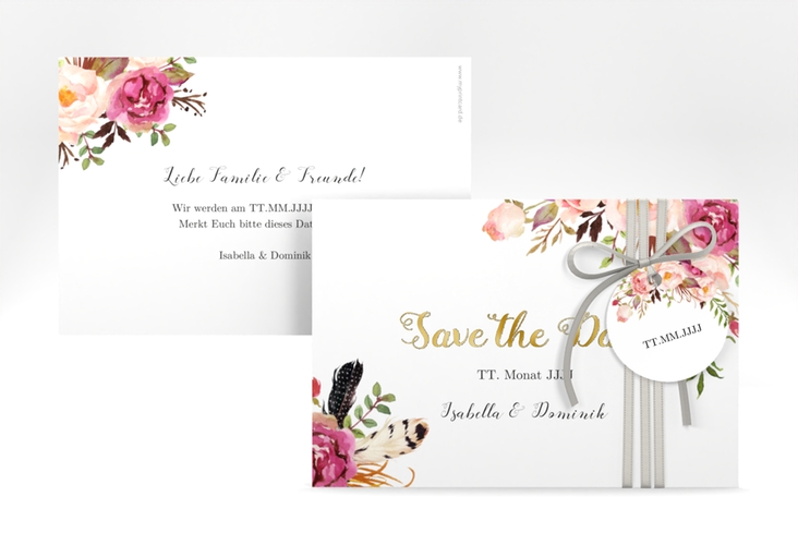 Save the Date-Karte Flowers A6 Karte quer weiss gold mit bunten Aquarell-Blumen
