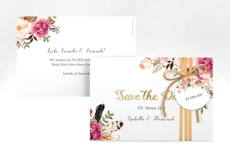 Save the Date-Karte Flowers A6 Karte quer weiss gold mit bunten Aquarell-Blumen