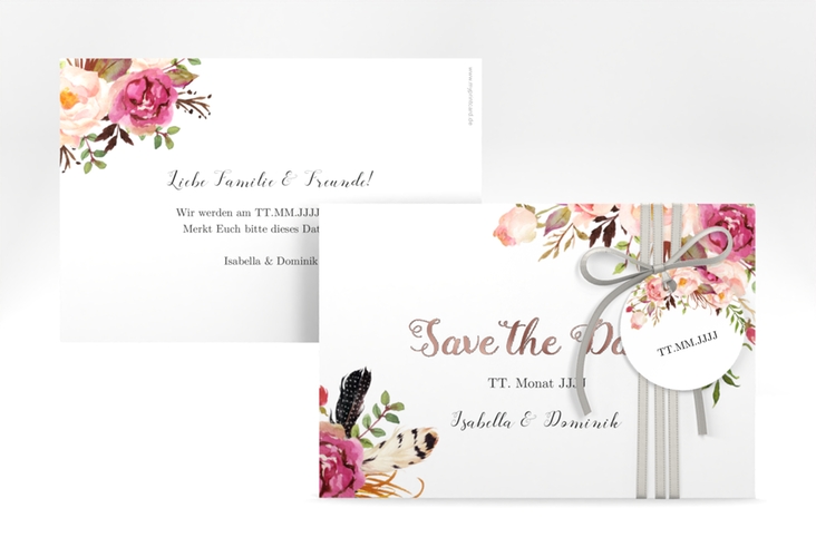 Save the Date-Karte Flowers A6 Karte quer weiss rosegold mit bunten Aquarell-Blumen
