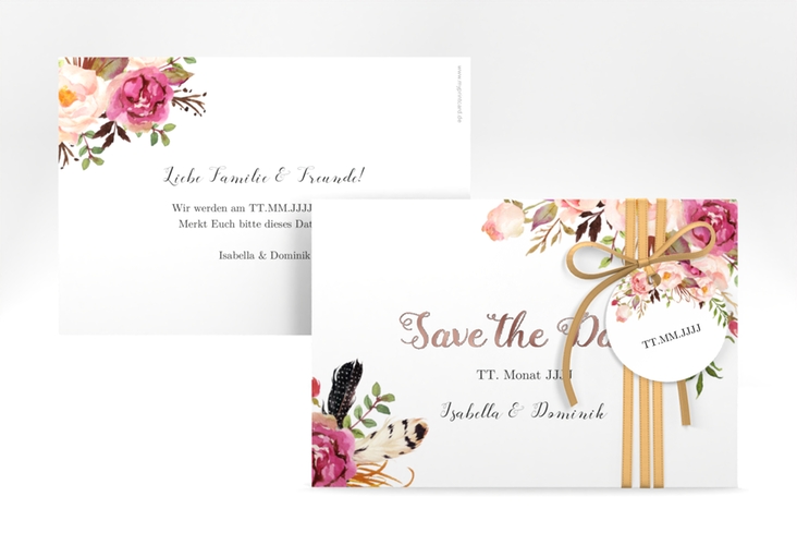 Save the Date-Karte Flowers A6 Karte quer weiss rosegold mit bunten Aquarell-Blumen
