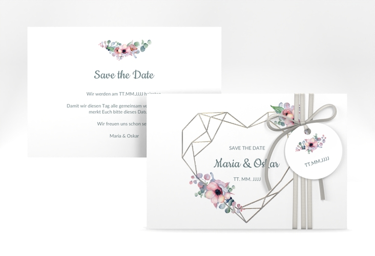 Save the Date-Karte Herzgold A6 Karte quer weiss silber