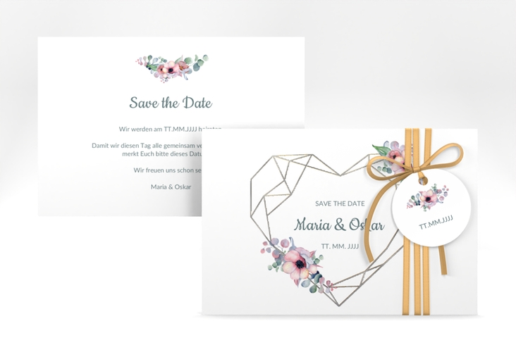 Save the Date-Karte Herzgold A6 Karte quer weiss silber