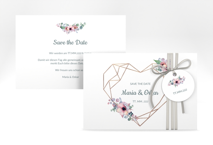 Save the Date-Karte Herzgold A6 Karte quer weiss rosegold