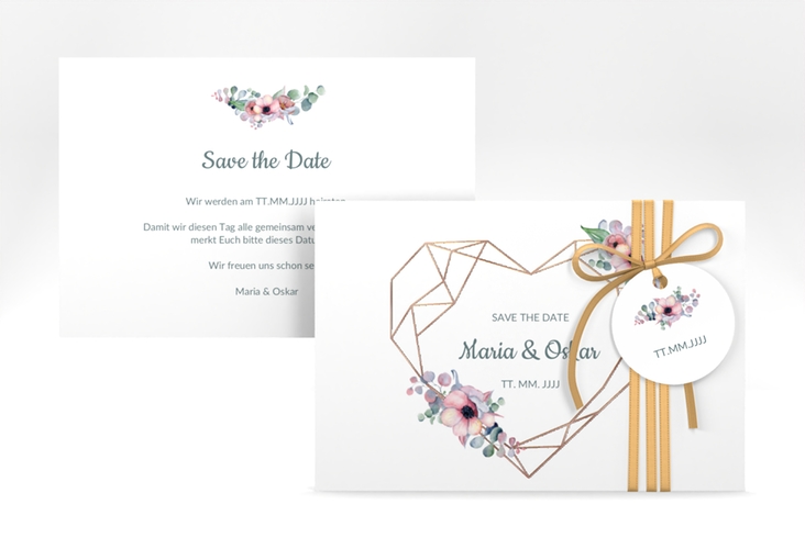 Save the Date-Karte Herzgold A6 Karte quer weiss rosegold