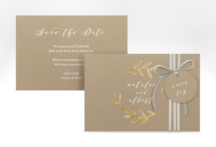 Save the Date-Karte Naturelove A6 Karte quer weiss gold in Kraftpapier-Optik mit Blattzeichnung