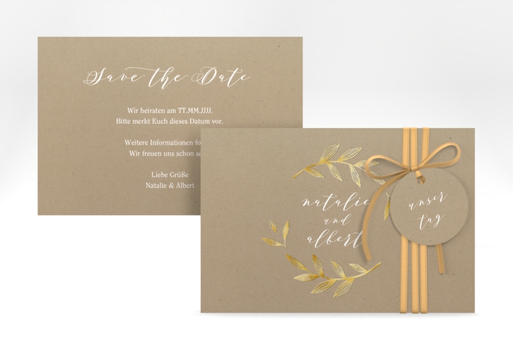 Save the Date-Karte Naturelove A6 Karte quer weiss gold in Kraftpapier-Optik mit Blattzeichnung