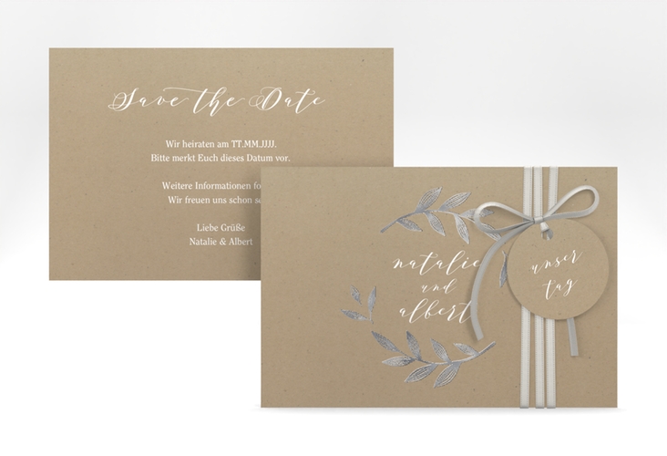 Save the Date-Karte Naturelove A6 Karte quer weiss silber in Kraftpapier-Optik mit Blattzeichnung