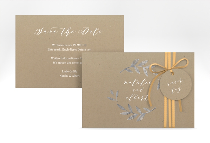 Save the Date-Karte Naturelove A6 Karte quer weiss silber in Kraftpapier-Optik mit Blattzeichnung