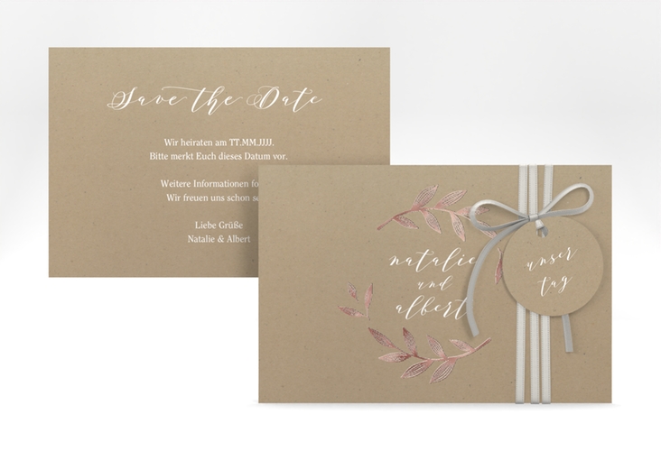 Save the Date-Karte Naturelove A6 Karte quer weiss rosegold in Kraftpapier-Optik mit Blattzeichnung