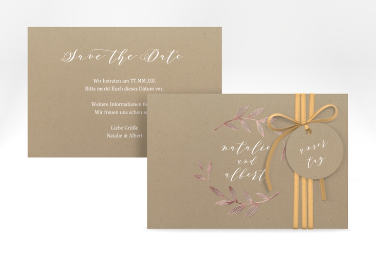 Save the Date-Karte Naturelove A6 Karte quer weiss rosegold in Kraftpapier-Optik mit Blattzeichnung