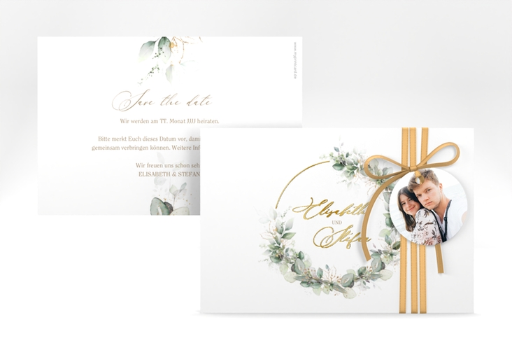 Save the Date-Karte Selvatica A6 Karte quer weiss gold mit Eukalyptus-Kranz
