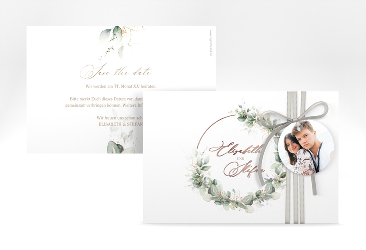 Save the Date-Karte Selvatica A6 Karte quer weiss rosegold mit Eukalyptus-Kranz