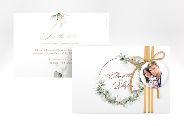 Save the Date-Karte Selvatica A6 Karte quer weiss rosegold mit Eukalyptus-Kranz