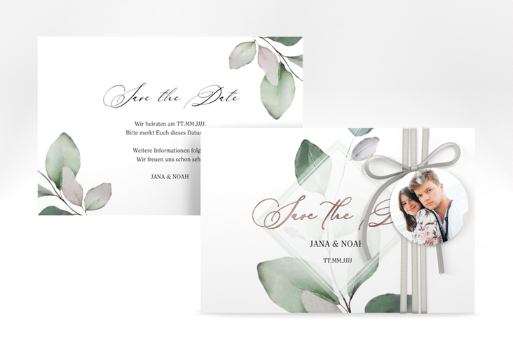 Save the Date-Karte Foglia A6 Karte quer weiss rosegold edel mit Eukalyptus im Aquarell-Design