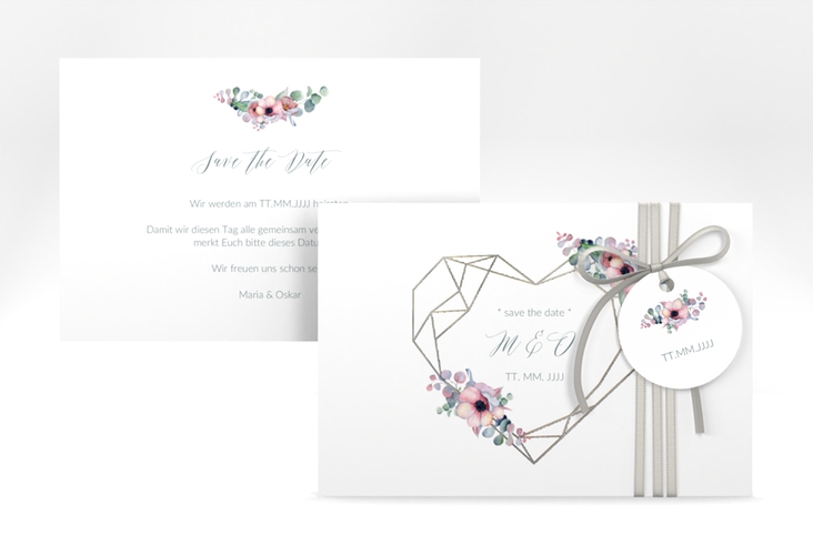 Save the Date-Karte Herzgold A6 Karte quer weiss silber
