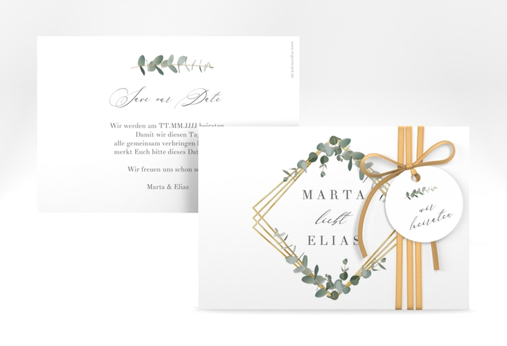 Save the Date-Karte Eukalyptus A6 Karte quer weiss gold