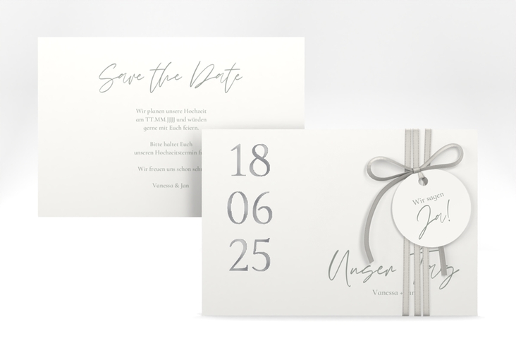 Save the Date-Karte Day A6 Karte quer weiss silber mit Datum im minimalistischen Design