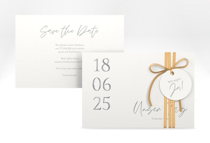 Save the Date-Karte Day A6 Karte quer weiss silber mit Datum im minimalistischen Design
