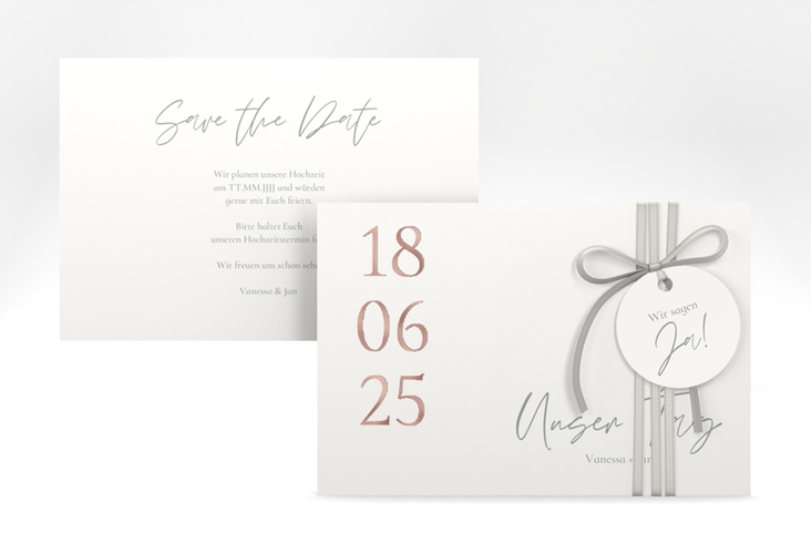 Save the Date-Karte Day A6 Karte quer weiss rosegold mit Datum im minimalistischen Design