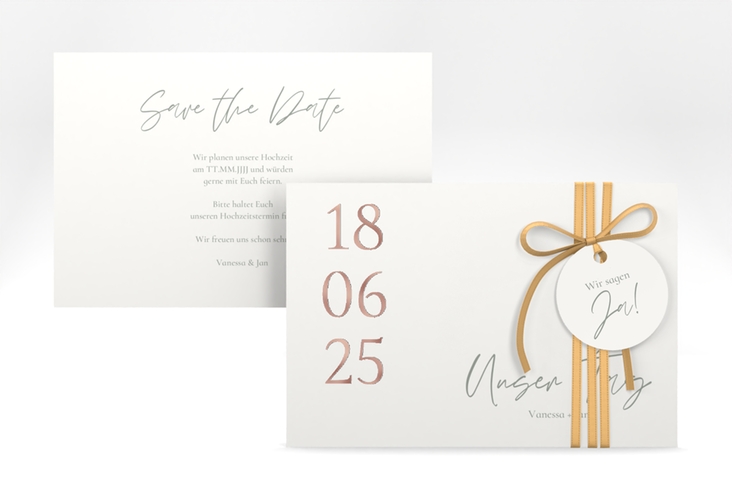 Save the Date-Karte Day A6 Karte quer weiss rosegold mit Datum im minimalistischen Design