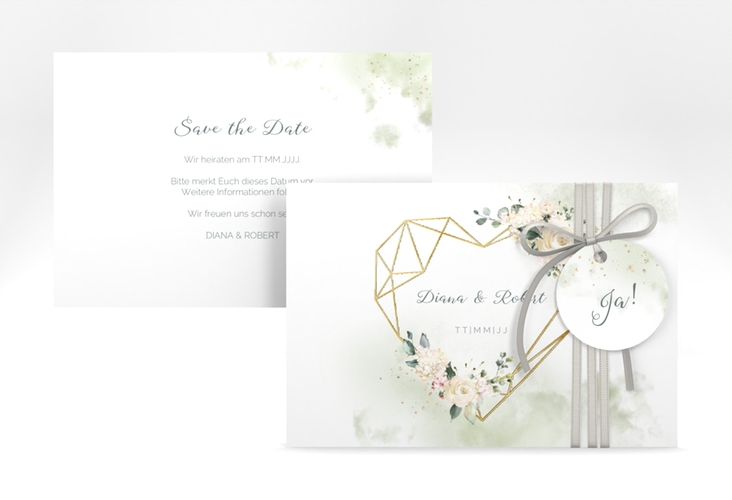 Save the Date-Karte Adore A6 Karte quer gruen gold mit geometrischem Herz und Rosen in Aquarell