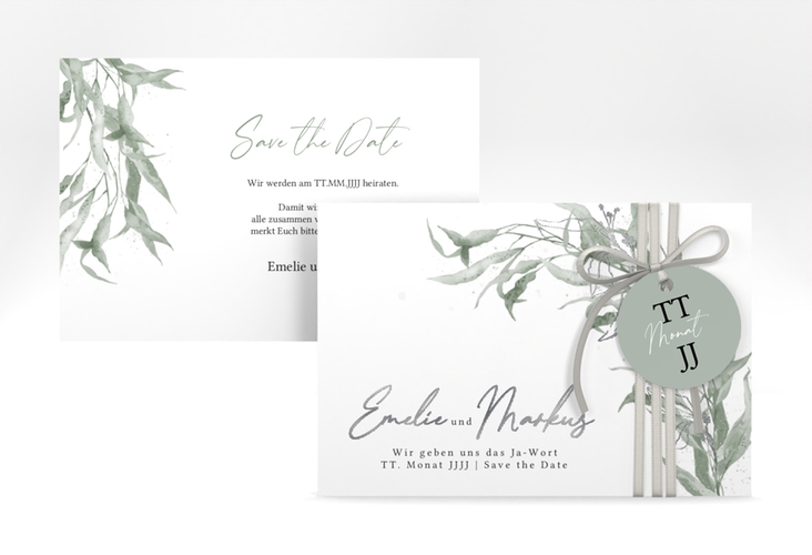 Save the Date-Karte Eucalyptus Green A6 Karte quer weiss silber