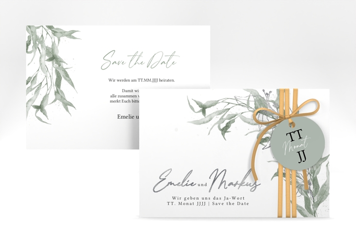 Save the Date-Karte Eucalyptus Green A6 Karte quer weiss silber