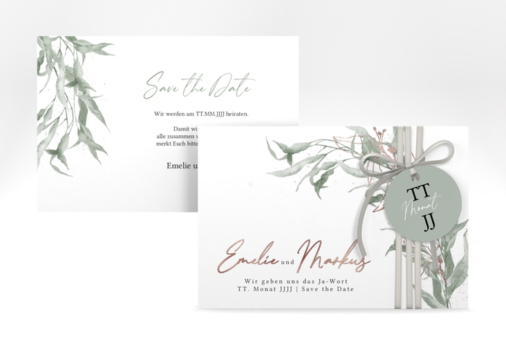 Save the Date-Karte Eucalyptus Green A6 Karte quer weiss rosegold
