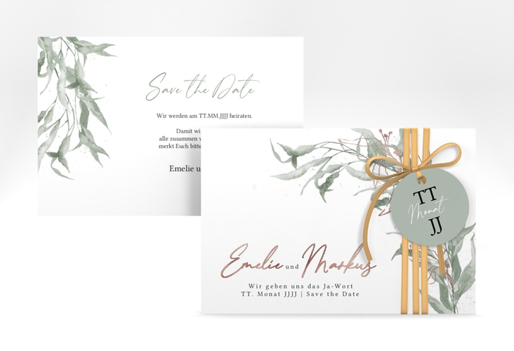 Save the Date-Karte Eucalyptus Green A6 Karte quer weiss rosegold
