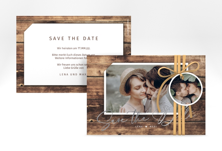 Save the Date-Karte Rustic A6 Karte quer braun silber in Holz-Optik mit Foto