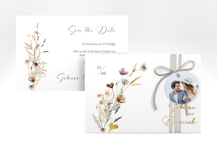 Save the Date-Karte Sauvages A6 Karte quer weiss gold mit getrockneten Wiesenblumen
