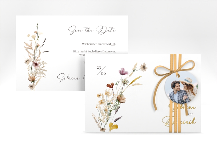 Save the Date-Karte Sauvages A6 Karte quer weiss gold mit getrockneten Wiesenblumen