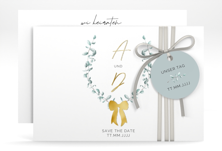 Save the Date-Karte Eucalypt Bow A6 Karte quer gruen gold