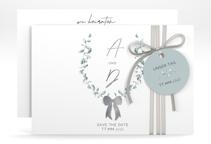 Save the Date-Karte Eucalypt Bow A6 Karte quer gruen silber