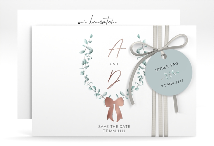 Save the Date-Karte Eucalypt Bow A6 Karte quer gruen rosegold