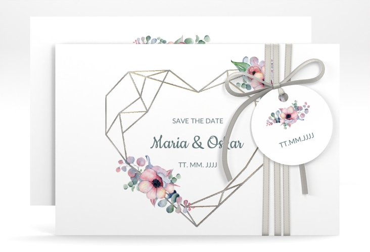 Save the Date-Karte Herzgold A6 Karte quer weiss silber