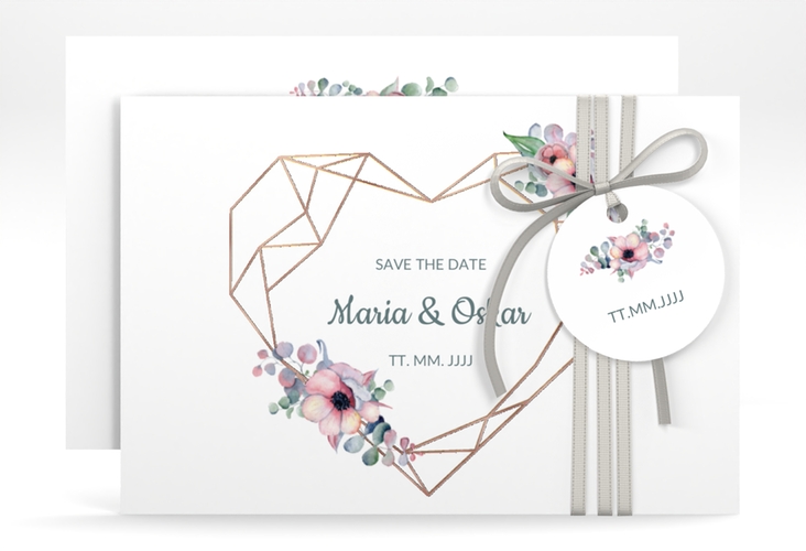 Save the Date-Karte Herzgold A6 Karte quer weiss rosegold
