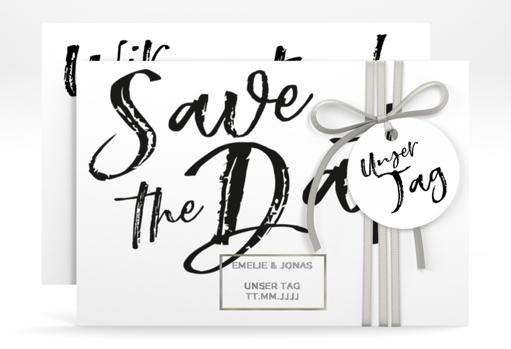 Save the Date-Karte Words A6 Karte quer weiss silber