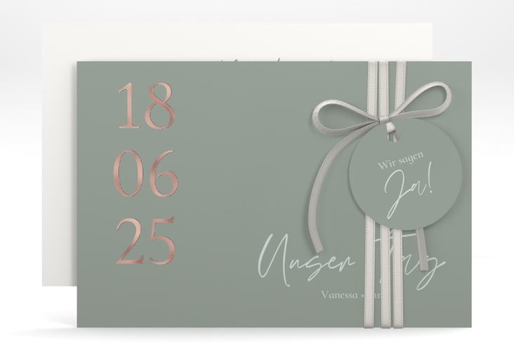 Save the Date-Karte Day A6 Karte quer gruen rosegold mit Datum im minimalistischen Design