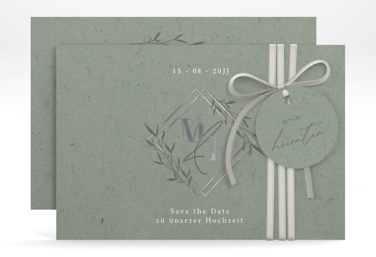 Save the Date-Karte Greenletter A6 Karte quer gruen silber mit Initialen in elegantem Goldrahmen mit Blättern